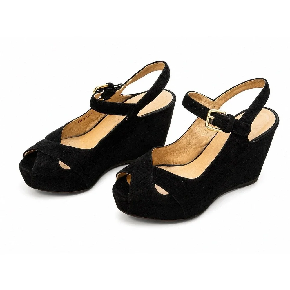Stuart Weitzman Platform Wedges 5.5 Black Suede Y2K Peep Toe Chic Euro Summer